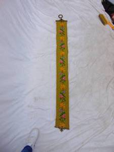 lot 125 image: Long Decorative Yellow Cross Stitch Wall Hanging with Flowers and Velvet Backing - Handmade 7 X 66