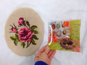 lot 128 image: Handmade Oval Rose Cross Stitch & Decorative Glass Plate