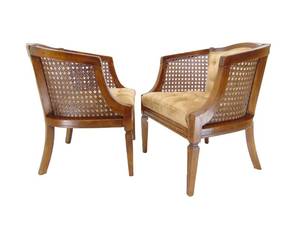 lot 23 image: Pair of Vintage Tufted & Cane Back Champagne Velvet Chairs
