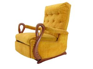 lot 32 image: Rare Vintage Yellow Recliner Chair with Hand-Carved Wood Arm Detail  Goosneck Arms