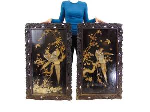 lot 191 image: Pair of Vintage Asian Decorative Mother of Pearl Art with Hand-Carved Gorgeous Wood Frames