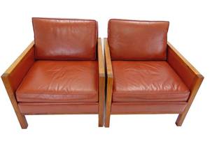 lot 2 image: Pair of Exceptional Vintage Mid Century WALNUT & LEATHER Cube Chairs