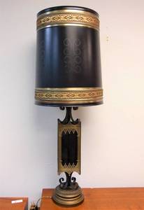 lot 335 image: Massive Gothic Style Mid Century Black & Brass Lamp with Metal Shade- SHOWROOM