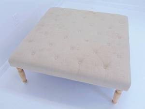 lot 340 image: Square Beige Linen Ottoman with Wood Legs