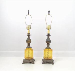 lot 446 image: Pair of Vintage Table Lamps with Amber Glass - Working