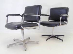 lot 443 image: Pair of Vintage Mid Century Black Vinyl Swivel Arm Chairs