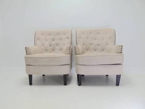 lot 442 image: Pair of Light Beige Tufted Arm Lounge Chairs - SHOWROOM
