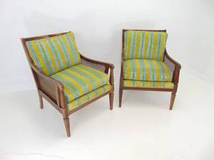 lot 441 image: Pair of Vintage Mid Century Green Striped Chairs with Cane Sides