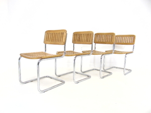 lot 427 image: Set of 4 Chrome Cantilever and Wood Armless Dining Chairs