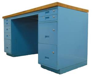lot 279 image: Awesome Blue Metal Workbench with Drawers & Butchers Block Top