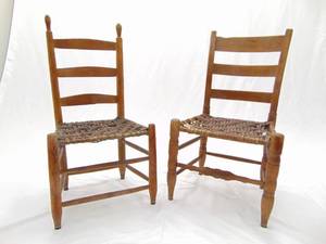 lot 6 image: Pair of Antique Primitive Ladder Back Chairs with Splint Seats Early 19th Century