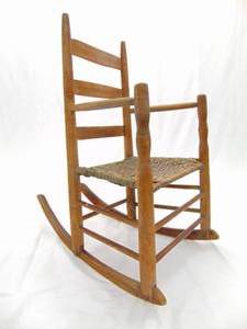 lot 7 image: Antique Primitive Ladder Back Rocking Chair with Splint Seat Early 19th Century