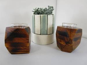 lot 252 image: Wood Candle Holders & Faux Succulent