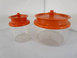 lot 259 image: Pair of Orange & Clear Vintage Tupperware Brand Air Tight Containers