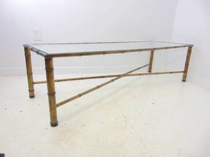 lot 19 image: Vintage Faux Bamboo Metal & Glass Rectangular Coffee Table with X Base