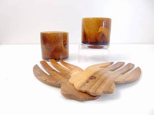 lot 296 image: Brown Toned Candle Holders and Acacia Wood Salad Forks