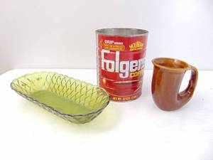 lot 316 image: Vintage Ceramic Vase, Folgers Tin, and Green Glass Dish