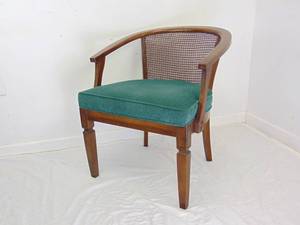 lot 68 image: Vintage Round Cane Back Chair with Green Upholstered Seat