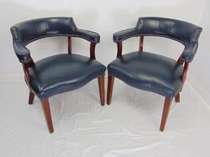 lot 75 image: Emerson Leather Pair of Stone Blue Leather Arm Chairs with Nailhead Trim - Genuine Top Grain Leather
