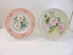 lot 485 image: Pair of Hand-Painted Porcelain Plates with Roses Signed Ruby Smith