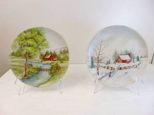 lot 486 image: Pair of Hand-Painted Porcelain Plates Local Artist 1970s - Snowy Landscapes