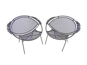 lot 18 image: Vintage Salterini Mid Century Pair of Wrought Iron Radar Patio Chairs & Ottoman with Embellished Accents