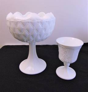 lot 499 image: Vintage Milk Glass - Candy Dish and Goblet