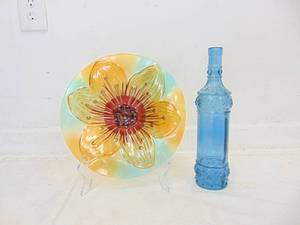 lot 334 image: Vintage Colorful Floral Glass Dish and Blue Glass Bottle