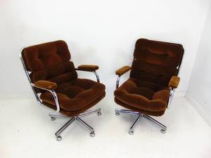lot 549 image: Pair of Vintage Mid Century Chrome Swivel Brown Velvet Lounge Chairs - Showroom