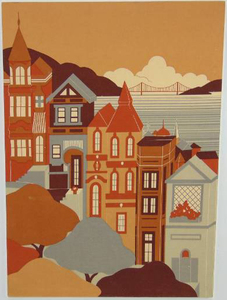 lot 164 image: Vintage Mid Century Brandon House Designs Inc. of California Vintage 1977 Handprinted Houses Design on Fabric