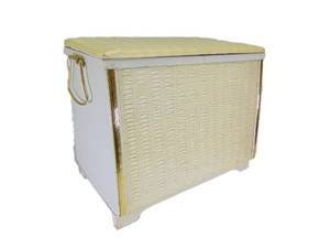 lot 801 image: Vintage Mid Century White Wicker Laundry Hamper with Gold Handles and Trim