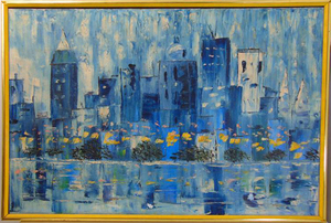 lot 482 image: Vintage Mid Century Modern Oil Painting of Tulsa Skyline 1970s