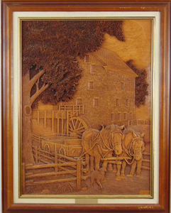 lot 364 image: Hand Carved Wood Relief Art Framed - Horses & Carriage
