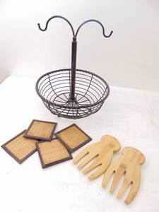 lot 382 image: Kitchen Fruit Basket, Bamboo Salad Forks, and Bamboo Coasters