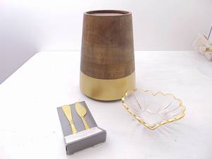 lot 421 image: Threshold Target Large Wood Candle Holder, Candy Dish, & New Gold Tone Cheese Knife Set (Threshold)