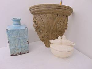lot 437 image: Limestone Wall Shelf, Ceramic Vase and Candy Dish
