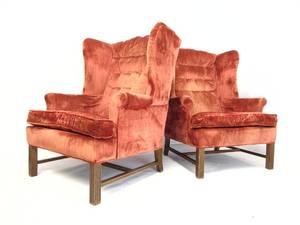 lot 545 image: Pair of Vintage Mid Century Wingback Chairs in Grapefruit Velvety Fabric - SHOWROOM
