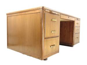 lot 52 image: Vintage Wood Tanker Desk by Leopold Company - SHOWROOM