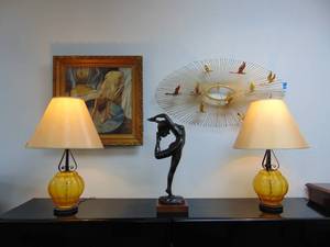 lot 561 image: Pair of Vintage Amber Glass and Metal Table Lamps, Working, SHOWROOM