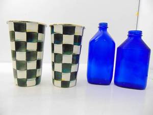 lot 315 image: 2 Vintage Blue Bottles and MacKenzie & Childs Enameled Cups