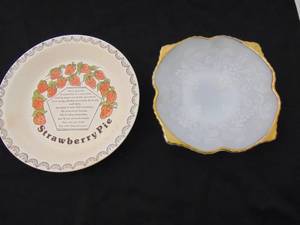 lot 349 image: Vintage Milk Glass Candy Dish and Strawberry Pie Dish