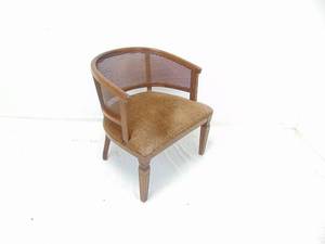 lot 68 image: Barrel Back Caned Chair with Cheetah Print Upholstered Fabric Carved Wood Legs
