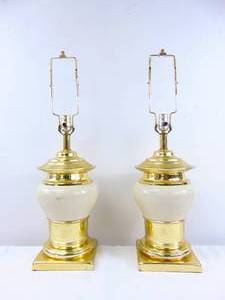 lot 197 image: PAIR of Pretty Shiny Brass Tone and Cream Colored Table Lamps 1970s