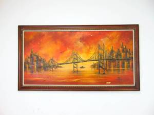 lot 194 image: Vintage Mid Century Fiery Orange Original Artwork Cityscape Bridge