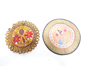 lot 201 image: Vintage Chinese Embroidered Cloth and Vintage Woven Trivet