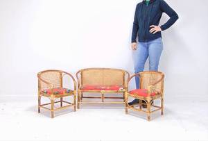 lot 88 image: Vintage Bamboo and Cane Childrens Furniture Set - 2 Chairs  Loveseat