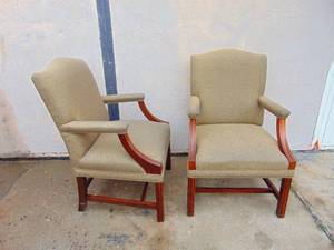 lot 670 image: Handsome Pair of Beige and Wood Arm Chairs