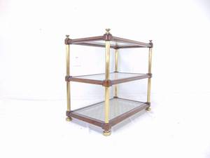 lot 116 image: Three Tier Glass Shelf Side Table with Brass and Wood Accents