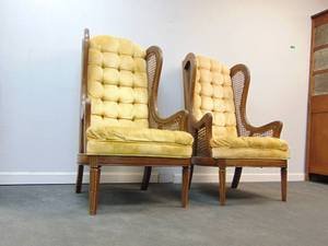 lot 31 image: Pair of Vintage Mid Century Cane & Tufted Velvet Wingback Chairs