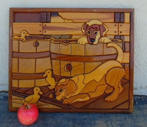 lot 384 image: Heavy and Solid Vintage Wood Art with Puppy Dogs